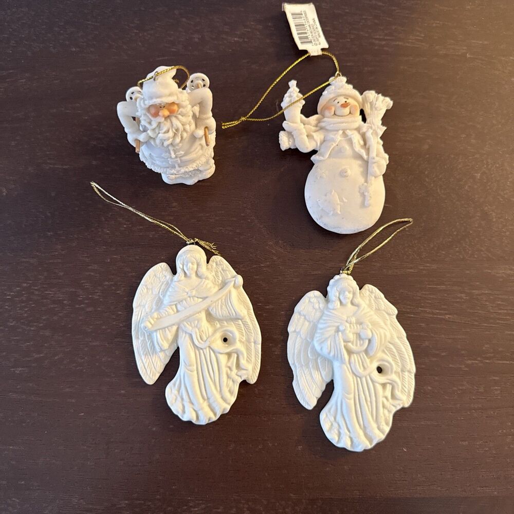 Vintage Ceramic Christmas Ornaments Lot of 4 Santa Skiing Angels Snowman
